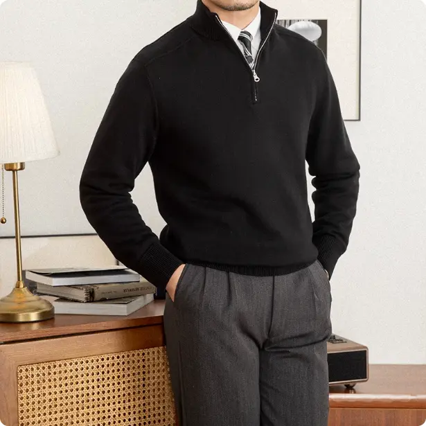 Men's Stand Collar Zippered Wool Sweater