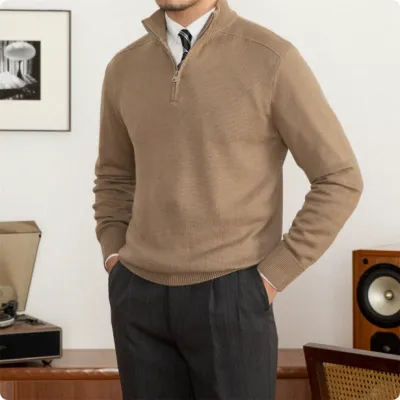 Men's Stand Collar Zippered Wool Sweater