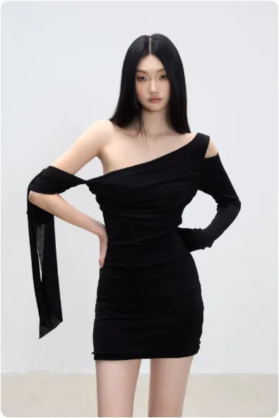 One Shoulder Slanted Shoulder Dress For Summer Women, Sleeveless And Hip Hugging Black Long Sleeve - Shop at LoveMi