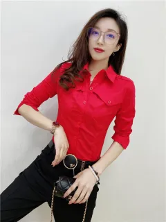 Solid Colour Long-sleeved Shirt Women's Younger Shirt - Red - View 1
