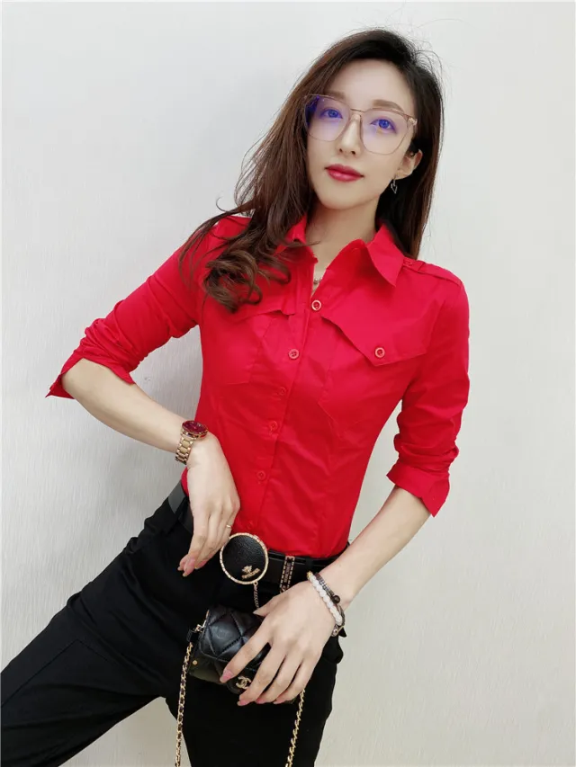 Solid Color Long sleeved Shirt Women's Younger Shirt Red - Shop at LoveMi
