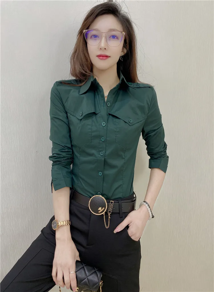 Solid Color Long-sleeved Shirt Women's Younger Shirt - Dark Green