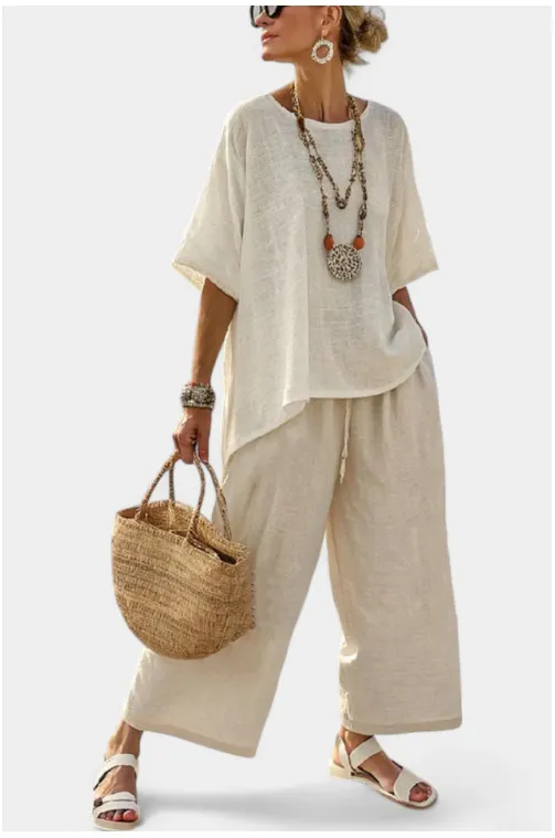 Mixed Color Stripe Casual Loose Wide Leg Cropped Pants Suit - 6 Models