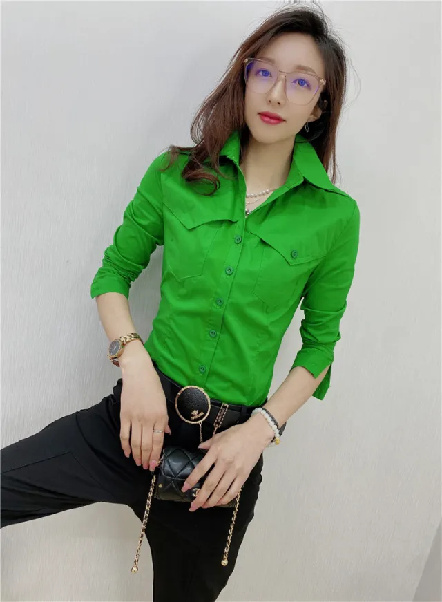 Solid Color Long sleeved Shirt Women's Younger Shirt Green - Shop at LoveMi