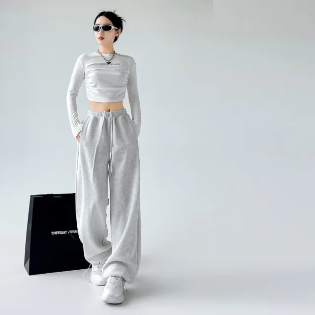 Casual Straight leg High Waist Slimming Wide Leg Pants Gray And White - Shop at LoveMi