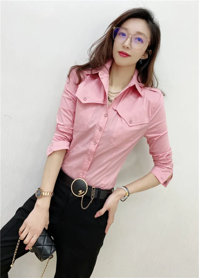 Solid Color Long sleeved Shirt Women's Younger Shirt Pink - Shop at LoveMi