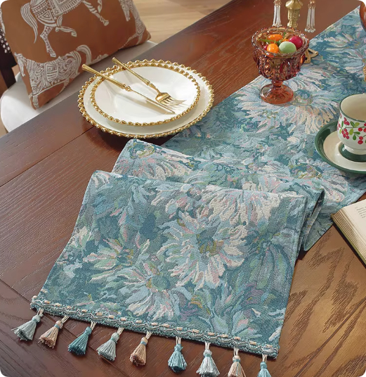 American style Long Tassel Table Runner Beige Jacquard Wedding Decoration Monet Table Runner - Shop at LoveMi