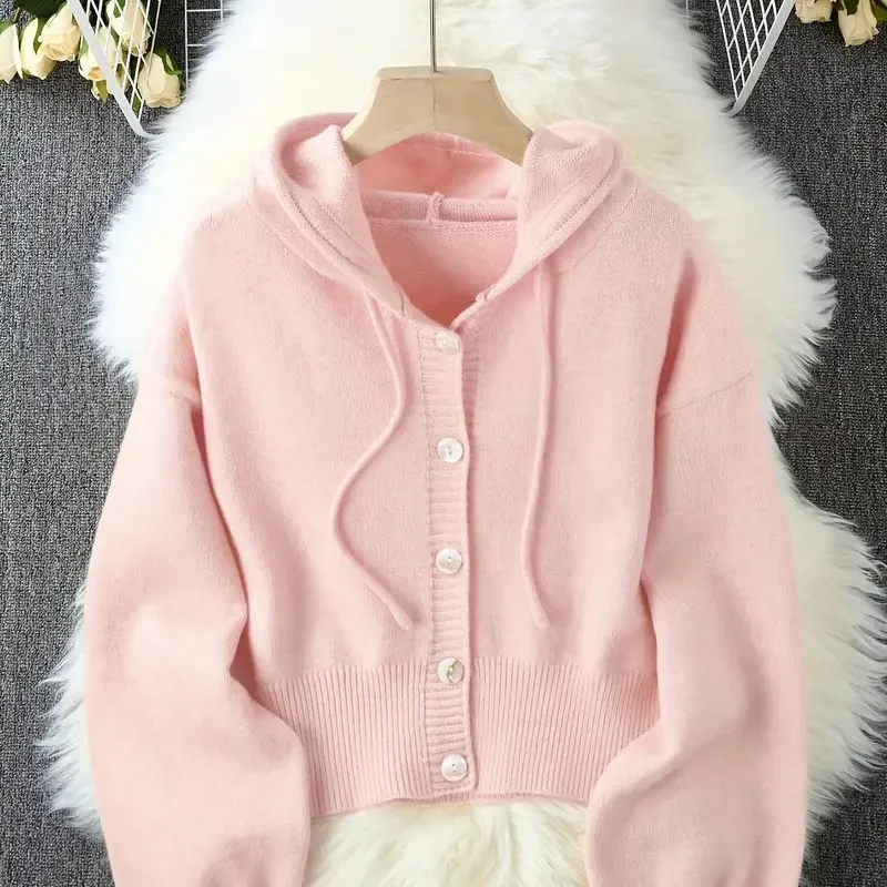Loose And Lazy Style High-grade Hooded Women's Sweater Coat - Pink