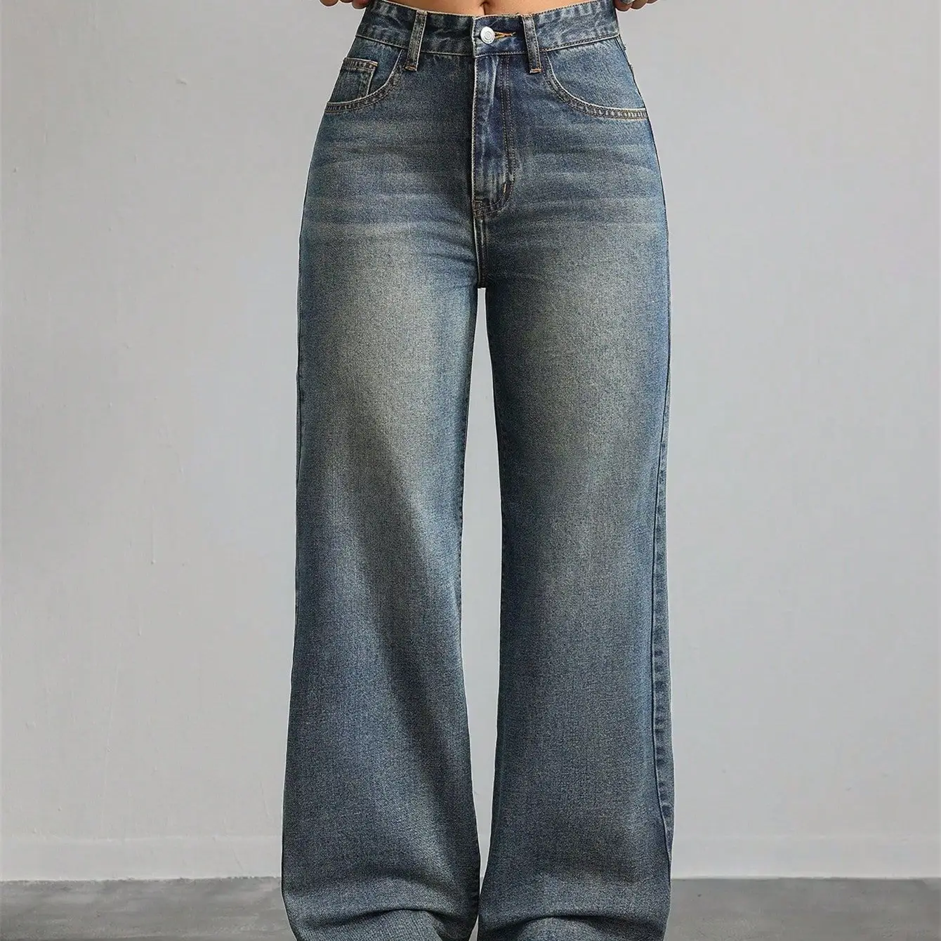 Wide-leg Jeans High Waist Multi-pocket Straight-leg Pants