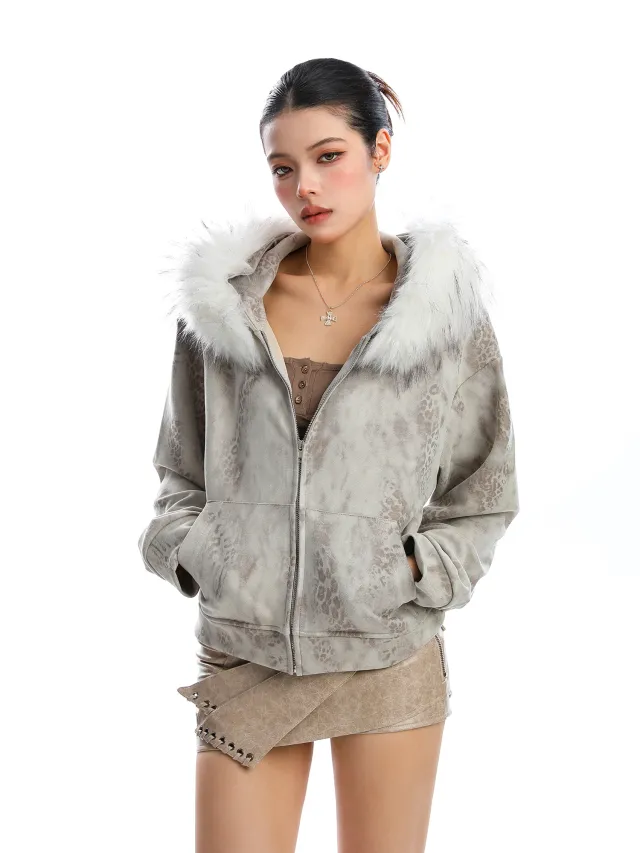 Detachable Fur Collar Leopard Print Hooded Sweater Women's Short Cardigan Jacket Gray - Shop at LoveMi