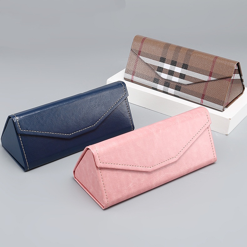 Handmade Stitching PU Cowhide Compression Resistance Triangle Folding Glasses Case