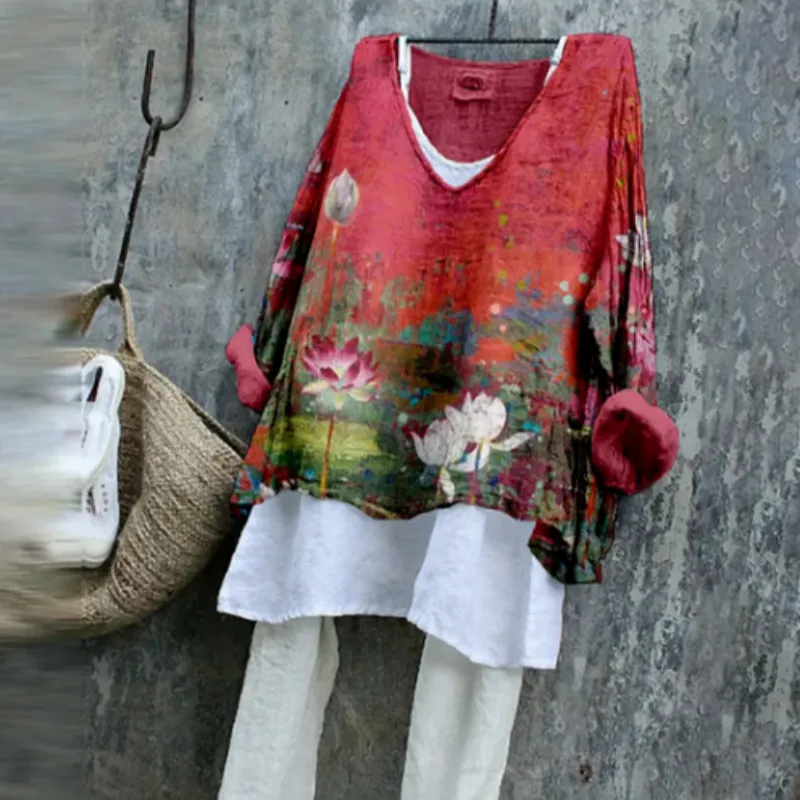 Women's Red Lotus Print Linen Blend Long Sleeve Shirt - Red