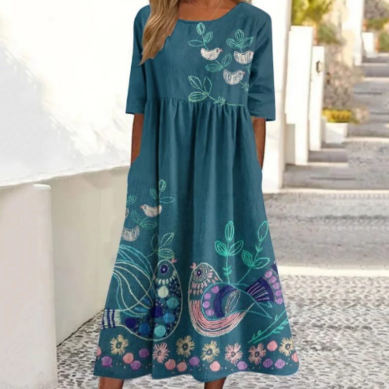 Blue Floral And Bird Embroider Art Print Round Neck Loose Maxi Dress