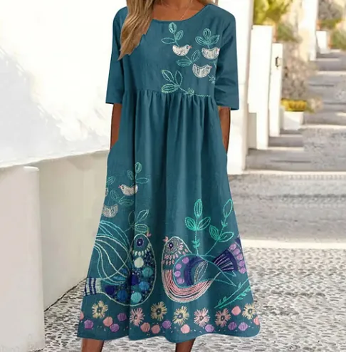 Blue Floral And Bird Embroider Art Print Round Neck Loose Maxi Dress Blue - Shop at LoveMi
