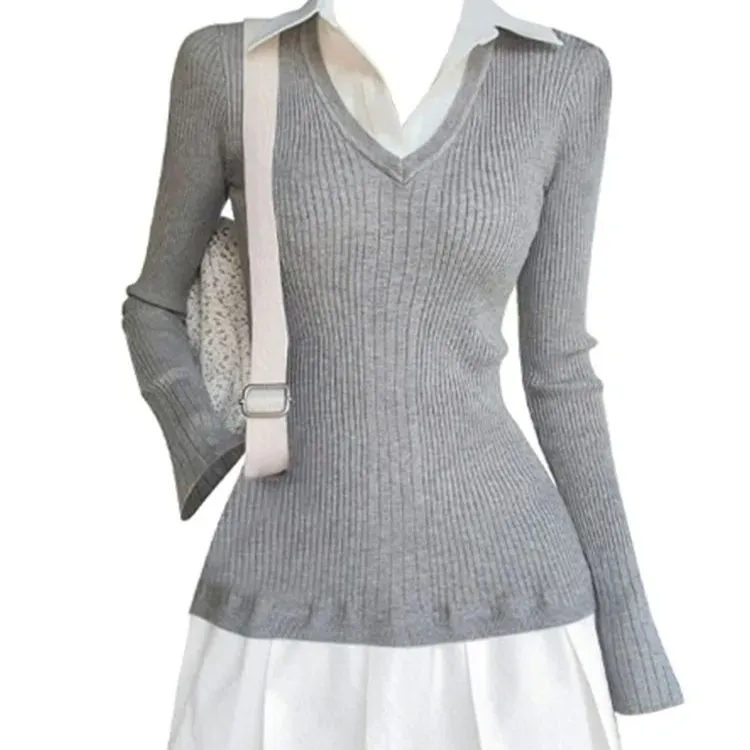 Autumn And Winter Preppy Style Fake Two-piece Mini Knitted Shirt - Gray