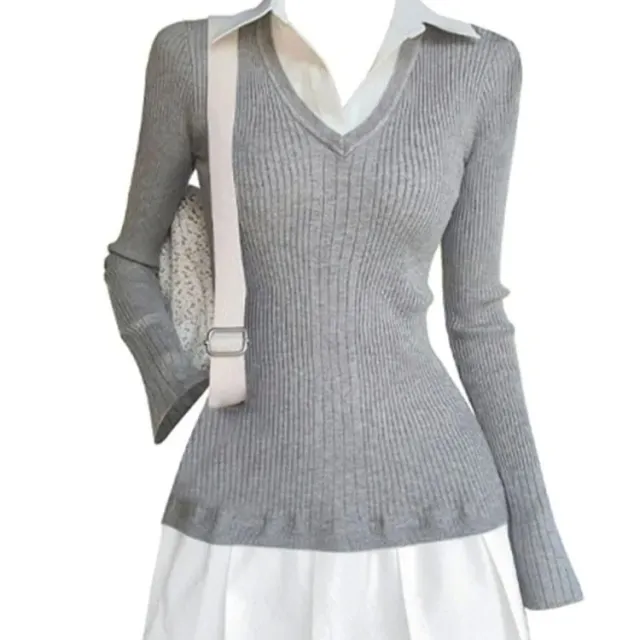 Autumn And Winter Preppy Style Fake Two piece Mini Knitted Shirt Gray - Shop at LoveMi