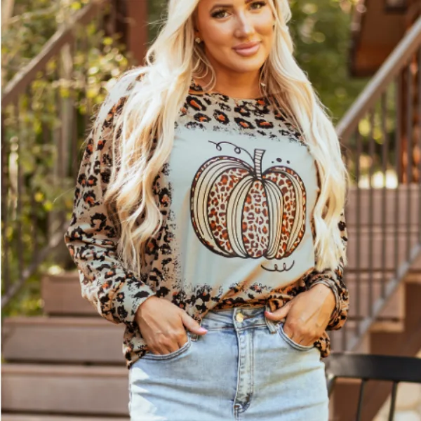 Brown Bleached Halloween Pumpkin Leopard Print Sweatshirt