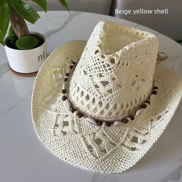 Bohemian Shell Straw Summer Beach Ethnic Style Hollow Sun Hat Beige Shell - Shop at LoveMi