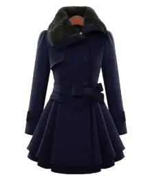Women's Slim Mid-length Woolen Coat With Belt Thickened Double-breasted Padded Windbreaker Coat - Blue - View 1