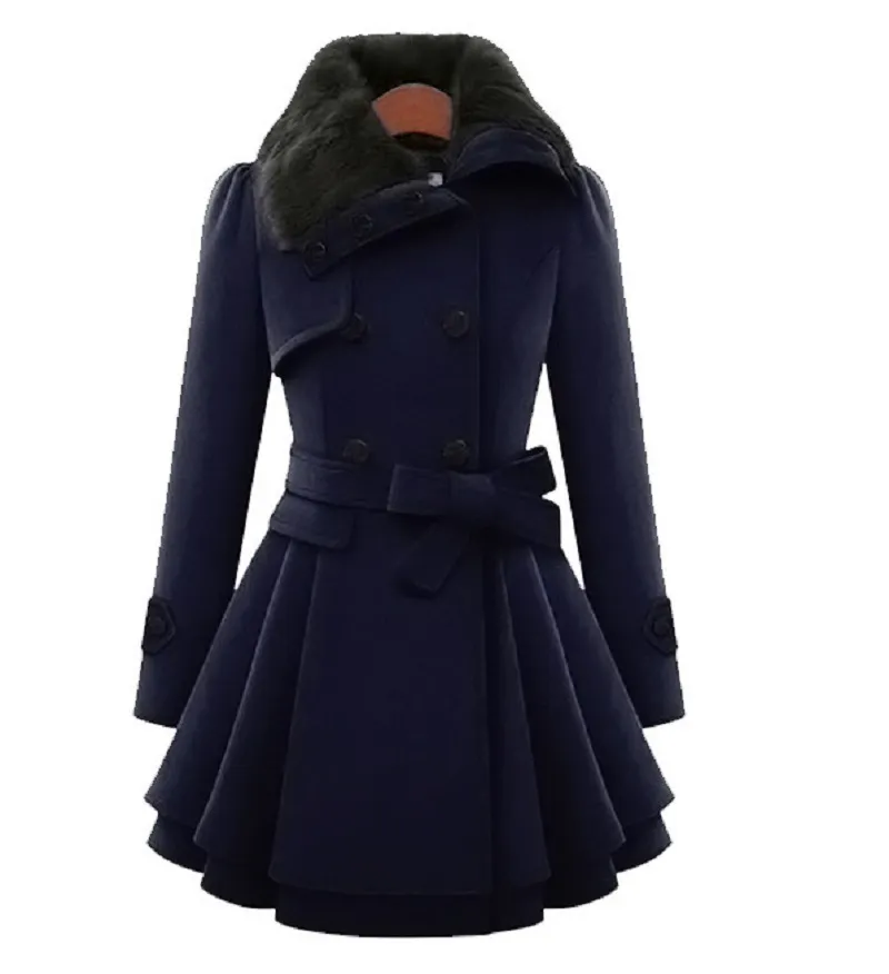 Women's Slim Mid-length Woolen Coat With Belt Thickened Double-breasted Padded Windbreaker Coat - Blue