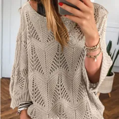 Female Leisure Hollow Out Parchment Hollow Sleeve Casual Sweater - Light Brown - View 1