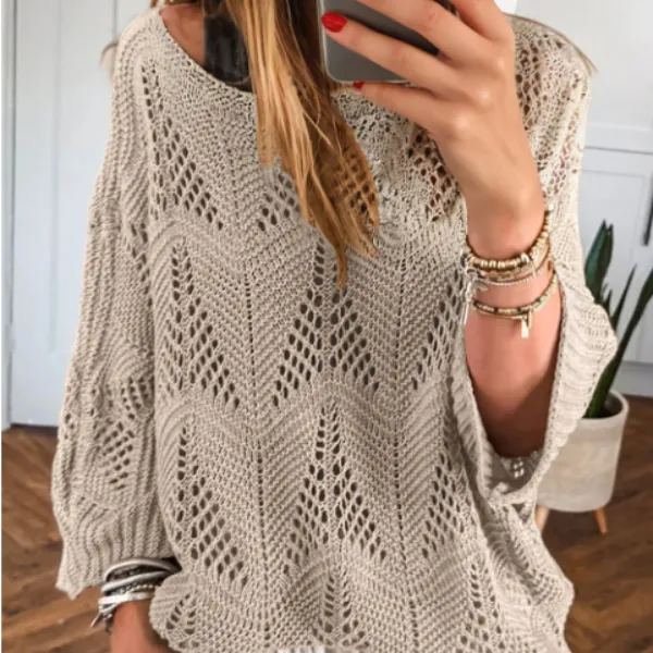 Female Leisure Hollow Out Parchment Hollow Sleeve Casual Sweater Light Brown - Shop at LoveMi