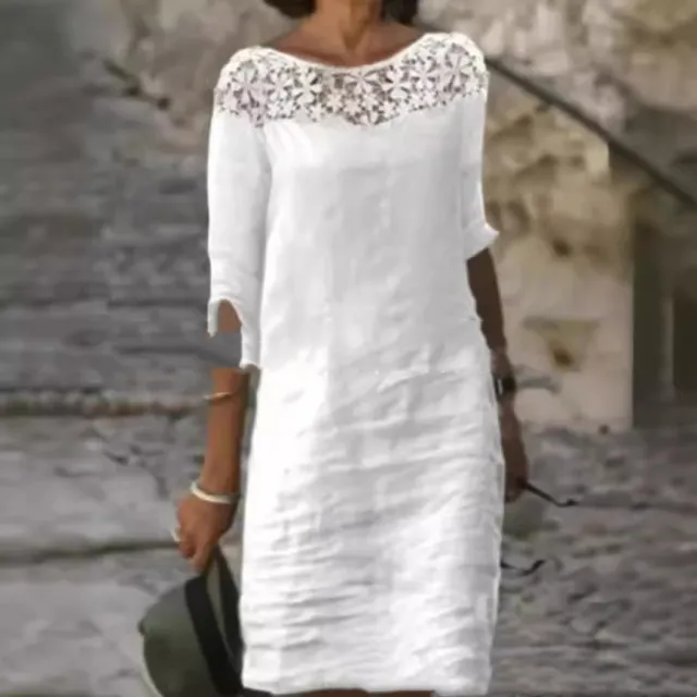 Cotton Lace Round Neck Half length Sleeve Dress White - Shop at LoveMi