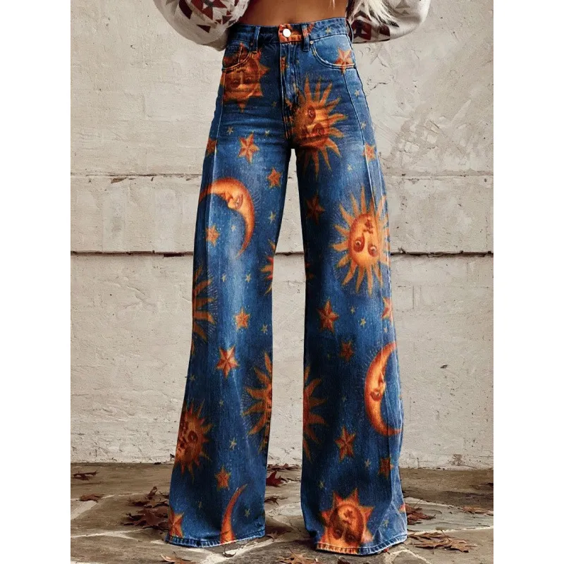 Wide-legged Pants Thermal Transfer Bell-bottom Pants Simulation Denim Trousers - Yn2542Mc-Xl