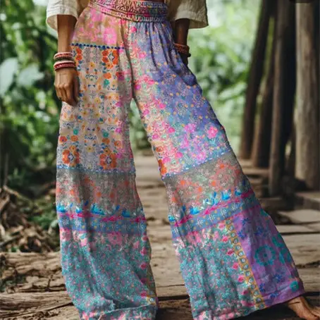 Wide-Leg Floral Print Pants with Elastic Waistband