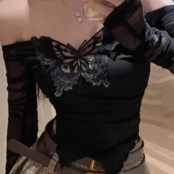 New Shirt Women's Butterfly Embroidery Black - Shop at LoveMi