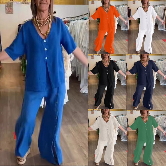 Solid Color Casual Short Sleeve Button Split Cotton And Linen Suit