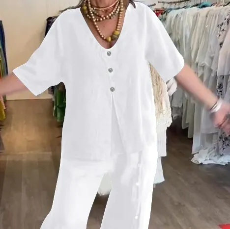 Solid Color Casual Short Sleeve Button Split Cotton And Linen Suit White - Shop at LoveMi