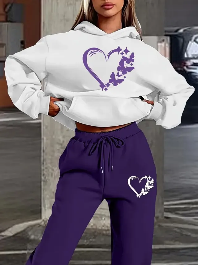 Polyester Sweater Suit Hooded Pullover Sports White Shirt And Purple Pants - Shop at LoveMi