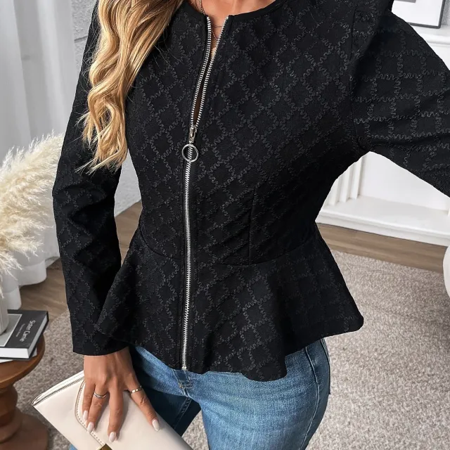 Women's Slim fit Solid Color Embossed Waist controlled Long Sleeves Round Neck Lightweight Top Black - Shop at LoveMi