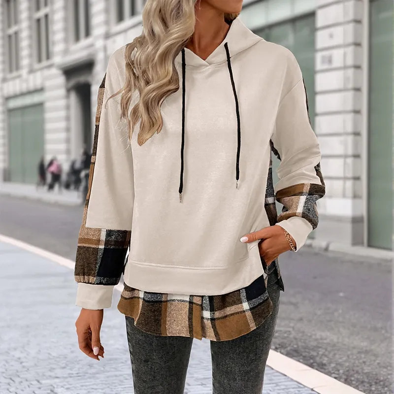 European And American Long Sleeve Plaid Colorblock Hooded Velvet Padded Sweater - White