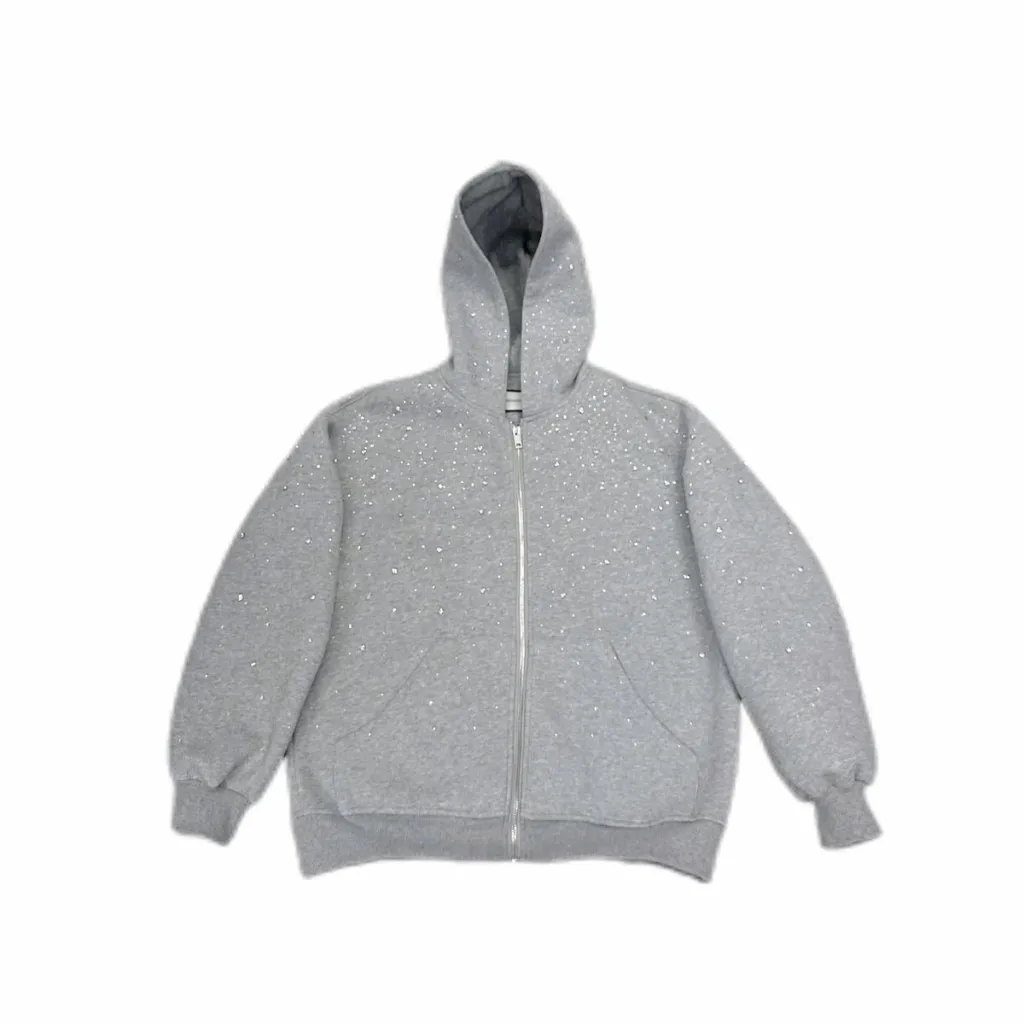 Women's Solid Color Casual Hooded Zipper Rhinestone Jacket - Gray