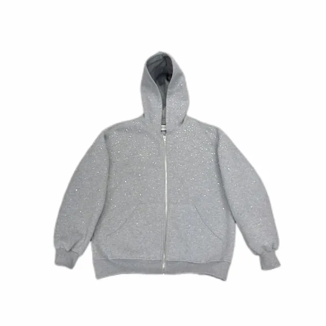 Women's Solid Color Casual Hooded Zipper Rhinestone Jacket Gray - Shop at LoveMi