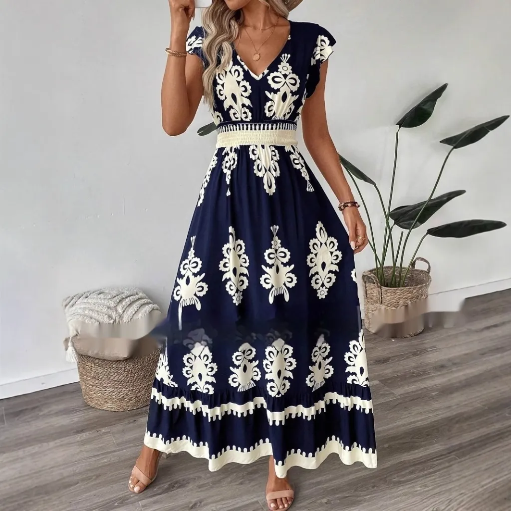 Vacation Style Printed V-neck Large Swing Dress - Navy