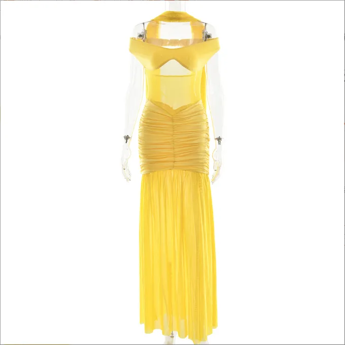 Women's Pure Color Tube-top Backless Temperament Split Dress - Yellow