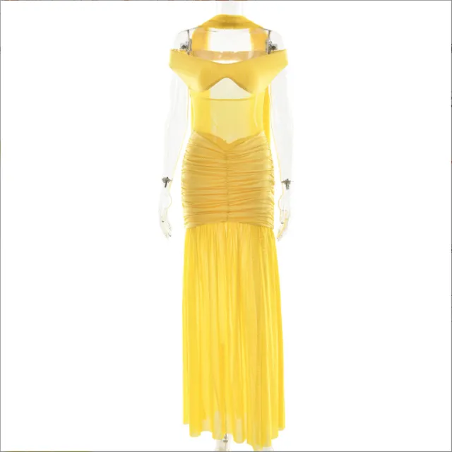 Women's Pure Color Tube top Backless Temperament Split Dress Yellow - Shop at LoveMi