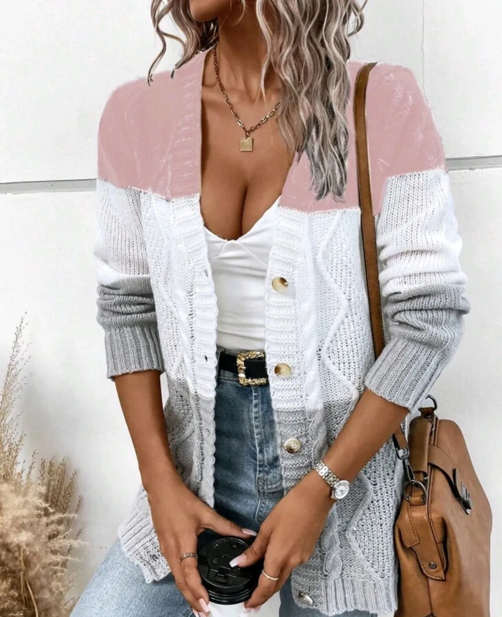 Casual Contrast Color Button Long Sleeve Sweater - Pink