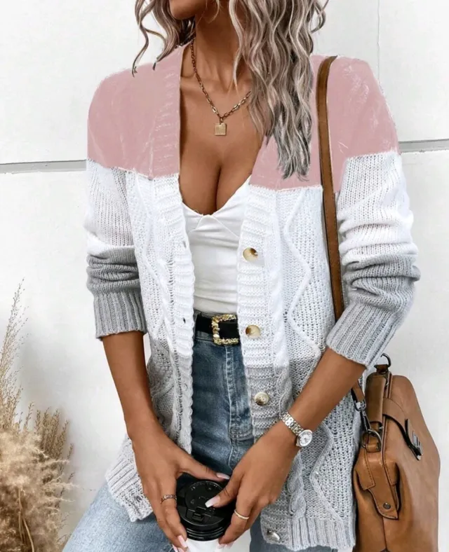 Casual Contrast Color Button Long Sleeve Sweater Pink - Shop at LoveMi