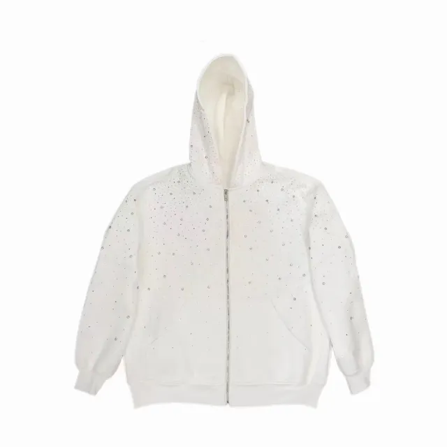 Women's Solid Color Casual Hooded Zipper Rhinestone Jacket White - Shop at LoveMi
