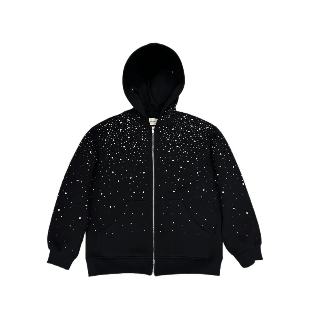 Women's Solid Color Casual Hooded Zipper Rhinestone Jacket - Black