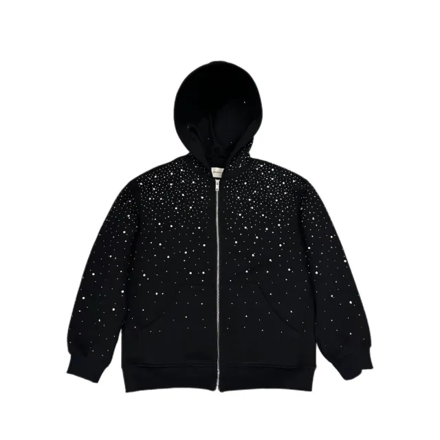 Women's Solid Color Casual Hooded Zipper Rhinestone Jacket Black - Shop at LoveMi