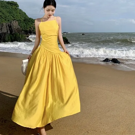 Sexy Backless Linen Asymmetric Oblique Shoulder Strap Dress Yellow - Shop at LoveMi
