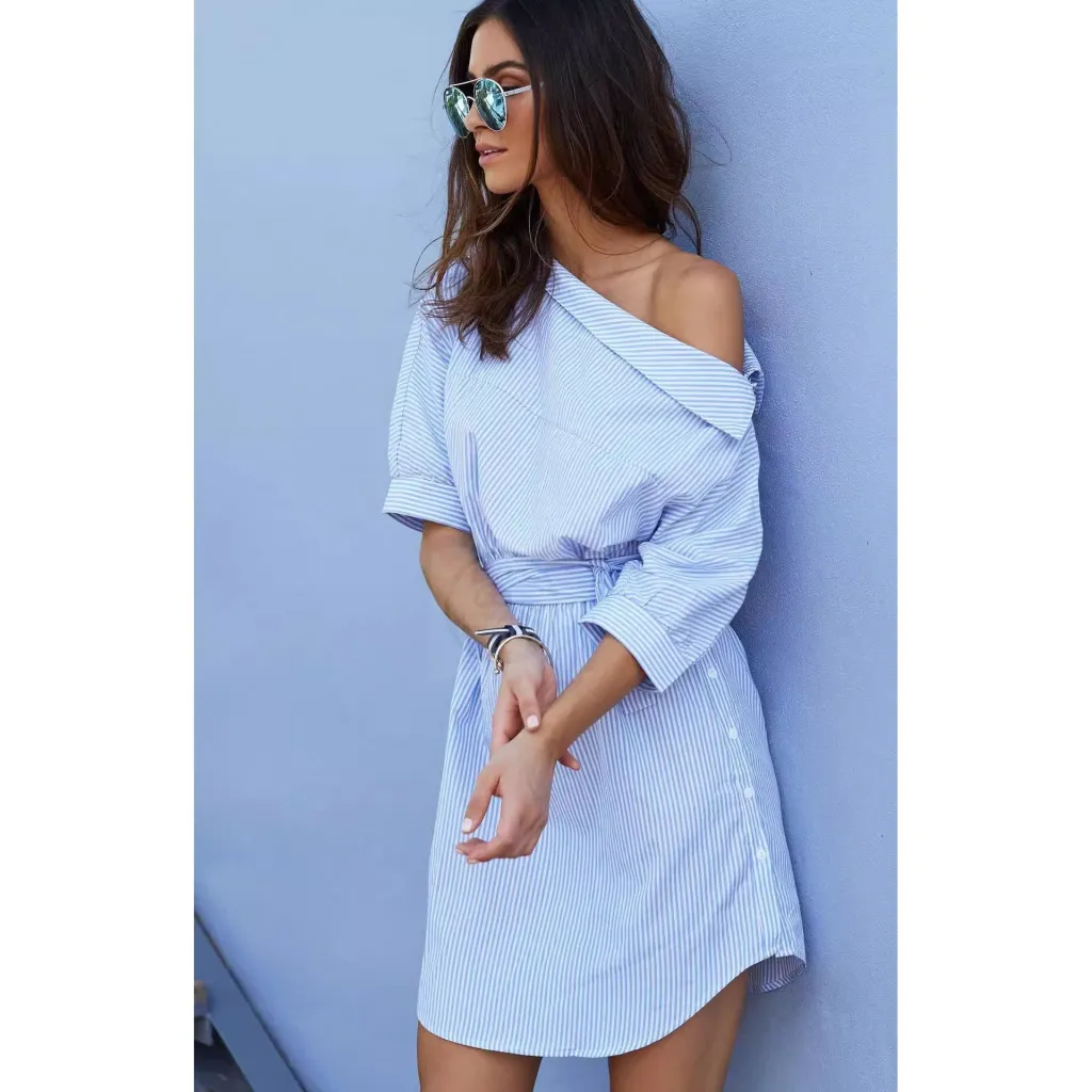 Striped No Elastic Waist Tight Slimming Short Sleeve Dress - Blue