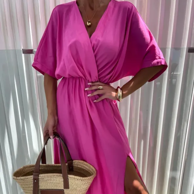 Solid Color And V neck Chest wrapped Dress 5 point Sleeve Vacation Style Dark Pink - Shop at LoveMi