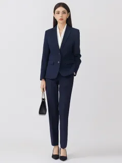 Two Button Slim Fit Non Ironing Formal Suit Set - Navy Blue Pants Set - View 1