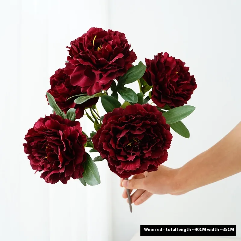 Artificial Flower Peony 5-head Bouquet Flower Arrangement - 6 Wine Red